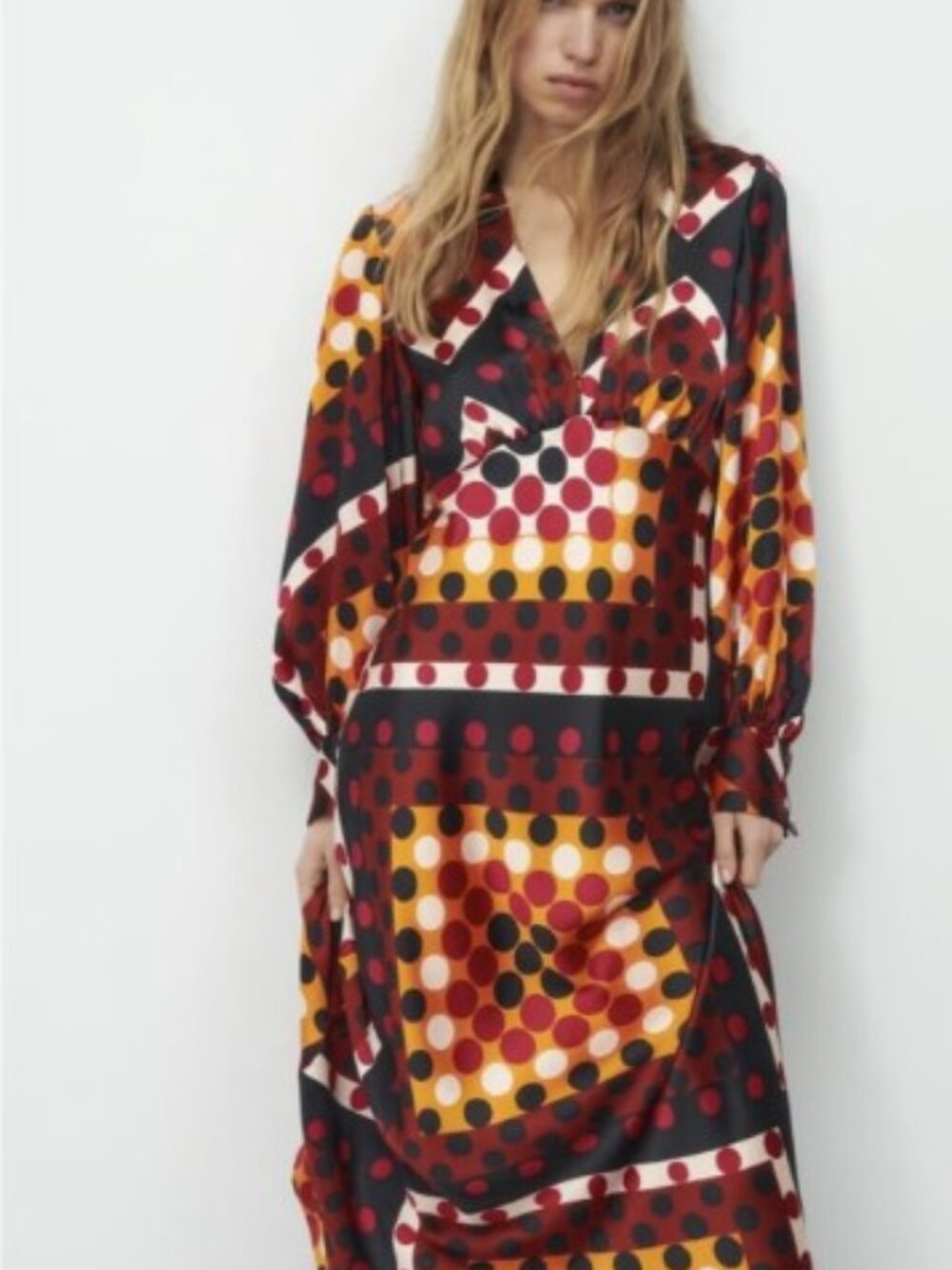 ZARA new Retro/Bohemia Geometric  Polka Dot Satin Maxi Dress Multi Color size M